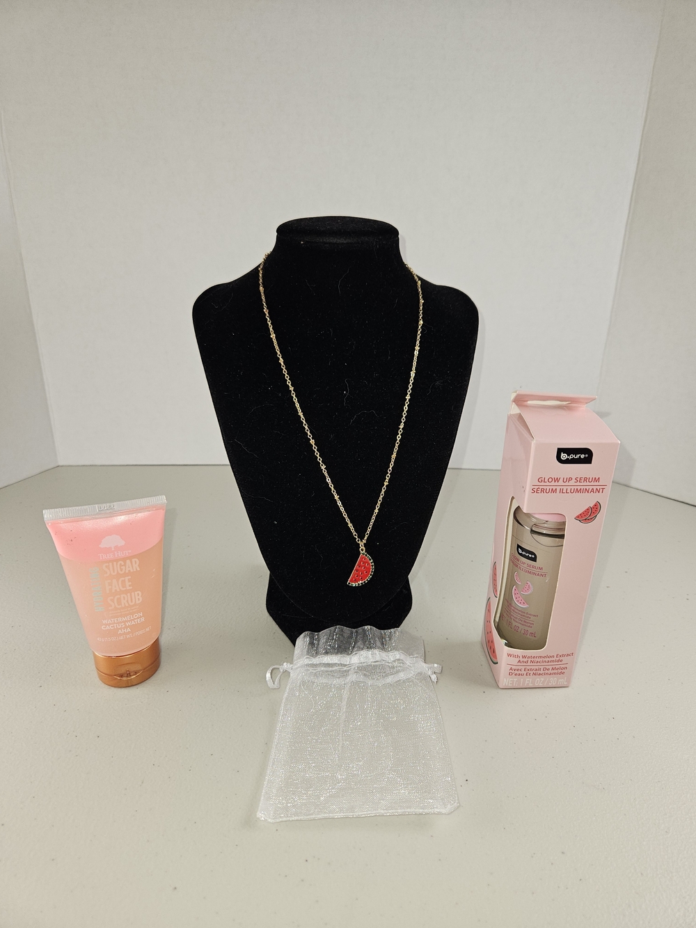 Gold Chain Necklace Red Watermelon Pendant, Tree Hut Face Scrub & Bpure Serum